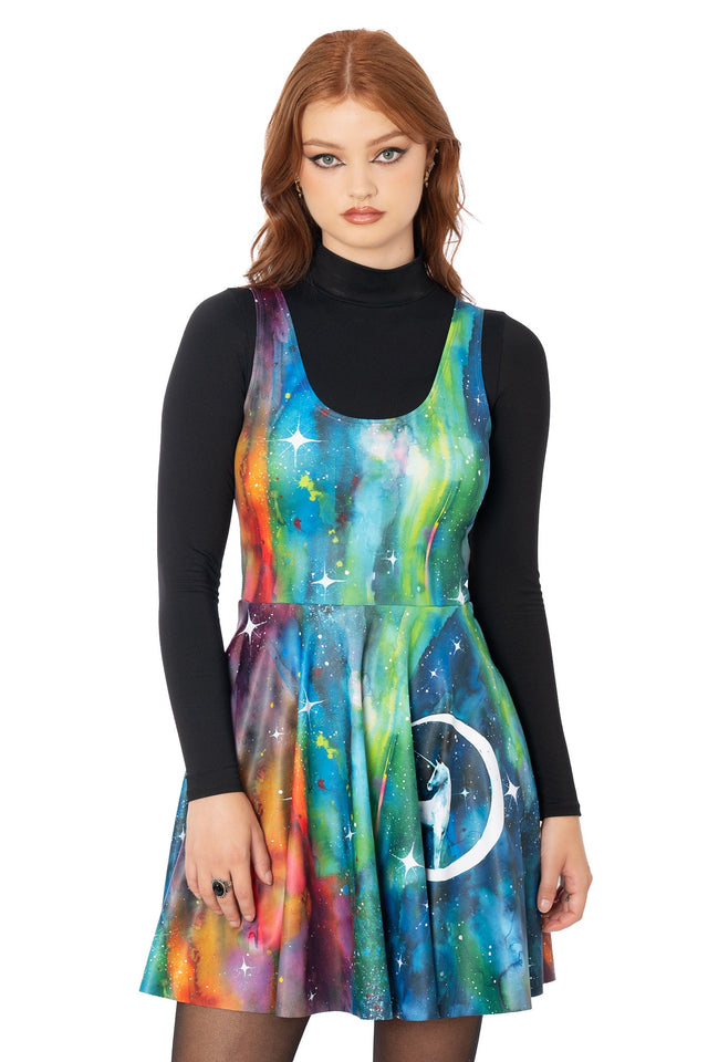 BlackMilk blue Matte Finish skater dress featuring Lora Zombie unicorn design - wearable art fashion