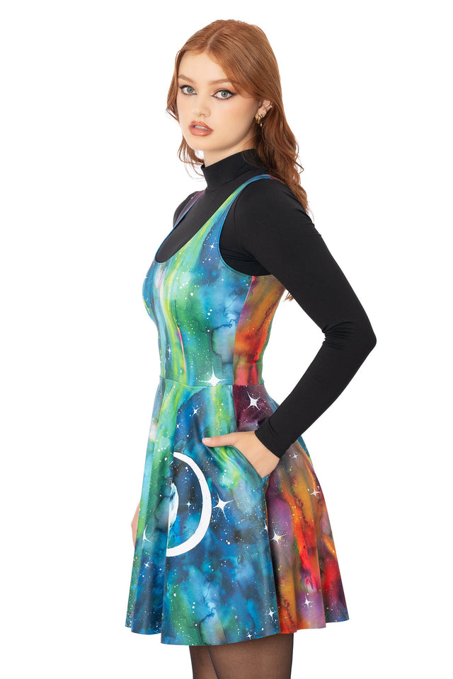 Model wearing blue scoop neck skater dress with Lora Zombie unicorn artwork - wearable art dress by BlackMilk