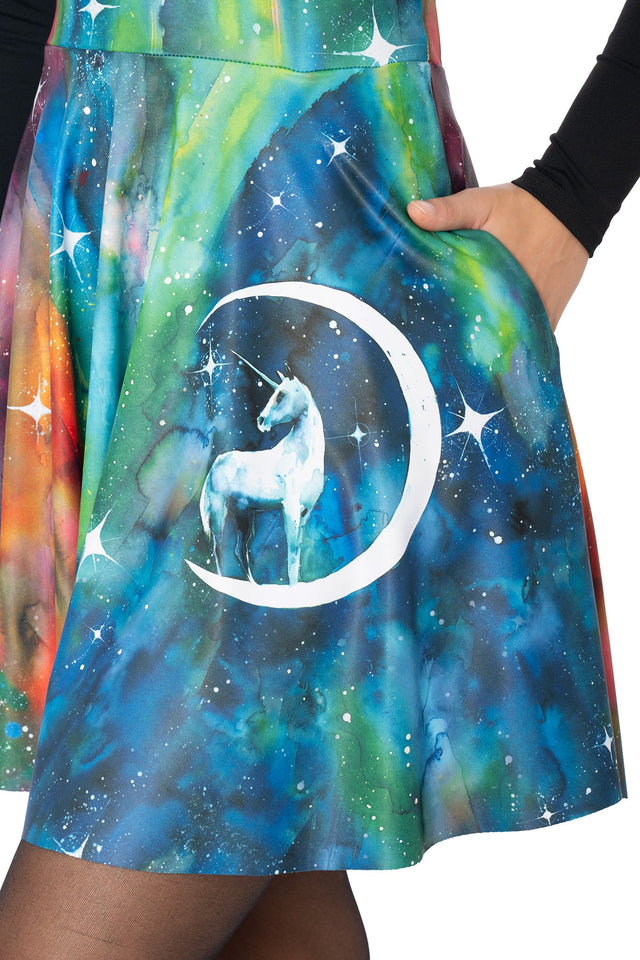 Detail of stretchy Matte Finish fabric on Lora Zombie unicorn print skater dress - BlackMilk wearable art