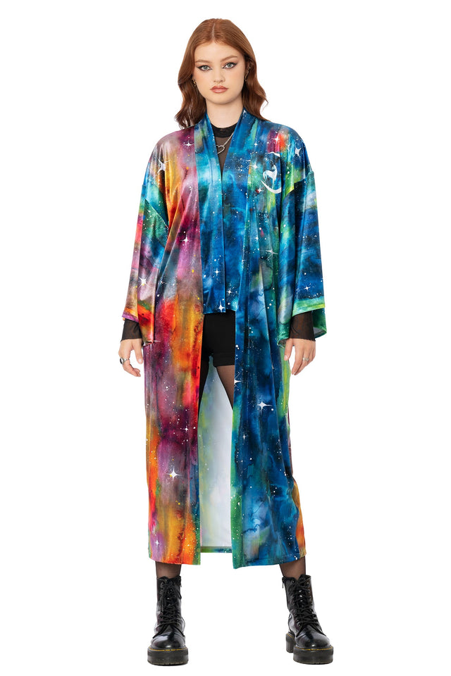 Blue velvet swan kimono with Lora Zombie unicorn moon artwork - long wide sleeve wearable art robe by BlackMilk