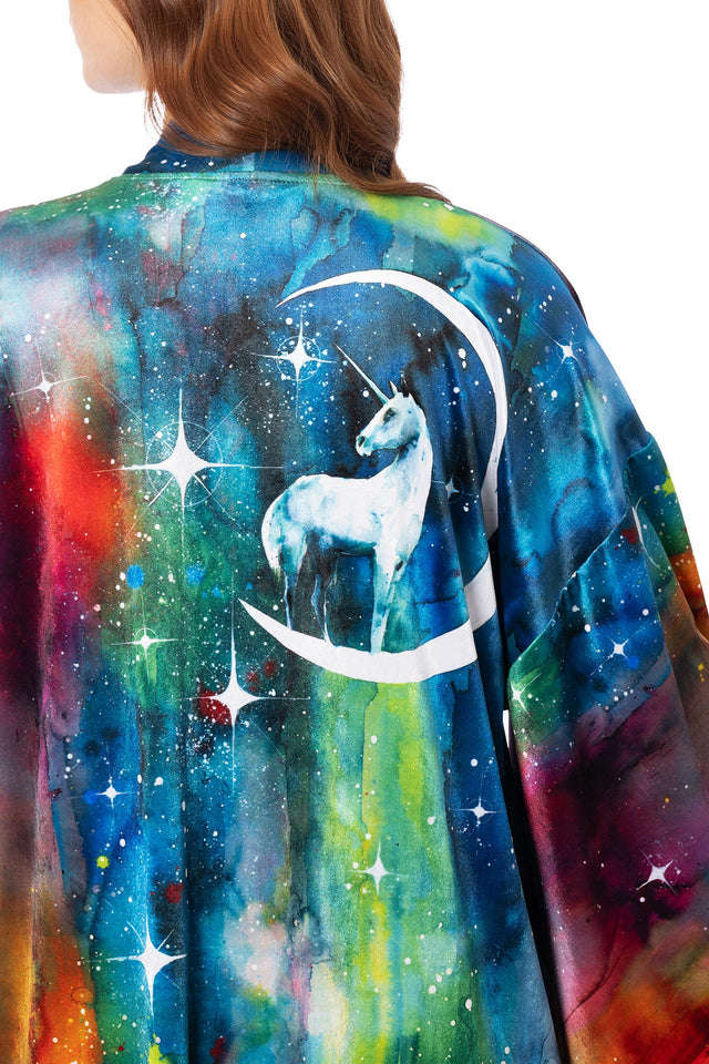 BlackMilk blue velvet full-length kimono featuring Lora Zombie swan design - one-size wearable art robe