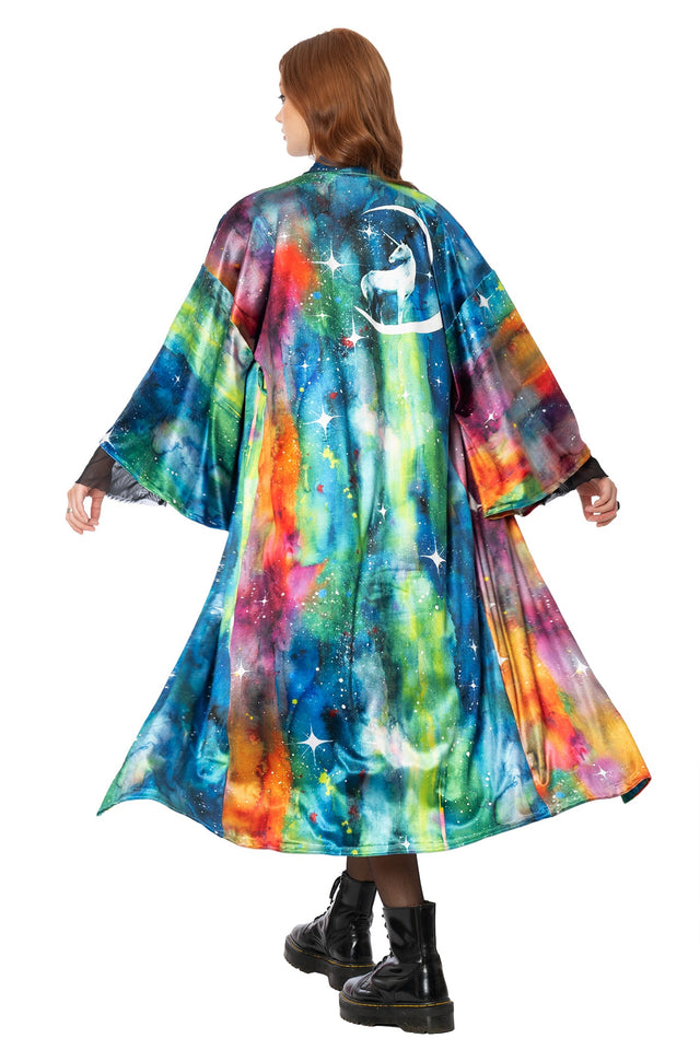 Model wearing blue velvet kimono with Lora Zombie unicorn artwork and wide sleeves - BlackMilk wearable art