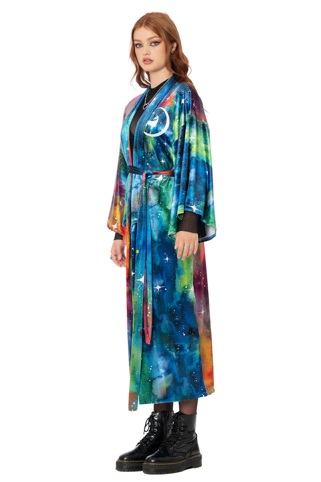 Detail of flowing wide sleeve on Lora Zombie print velvet kimono - BlackMilk wearable art fashion