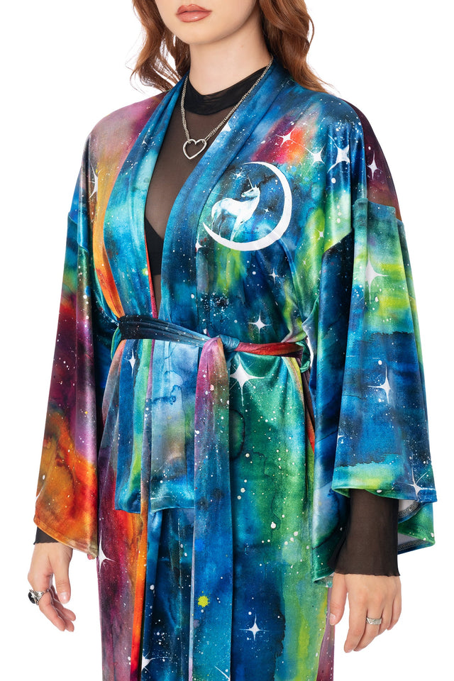 Removable tie belt detail on blue Lora Zombie velvet swan kimono - BlackMilk wearable art clothing