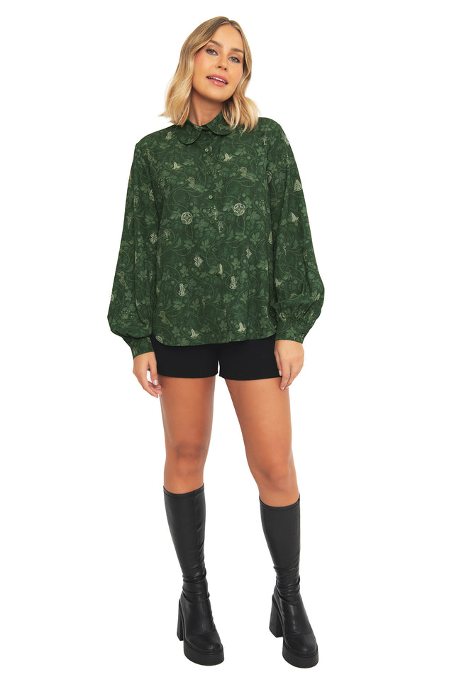 Full-length styled look of the BlackMilk Bag End Wallpaper Long Sleeve Blouse paired with bottoms, a cottagecore-inspired piece from the Lord of the Rings collection.
