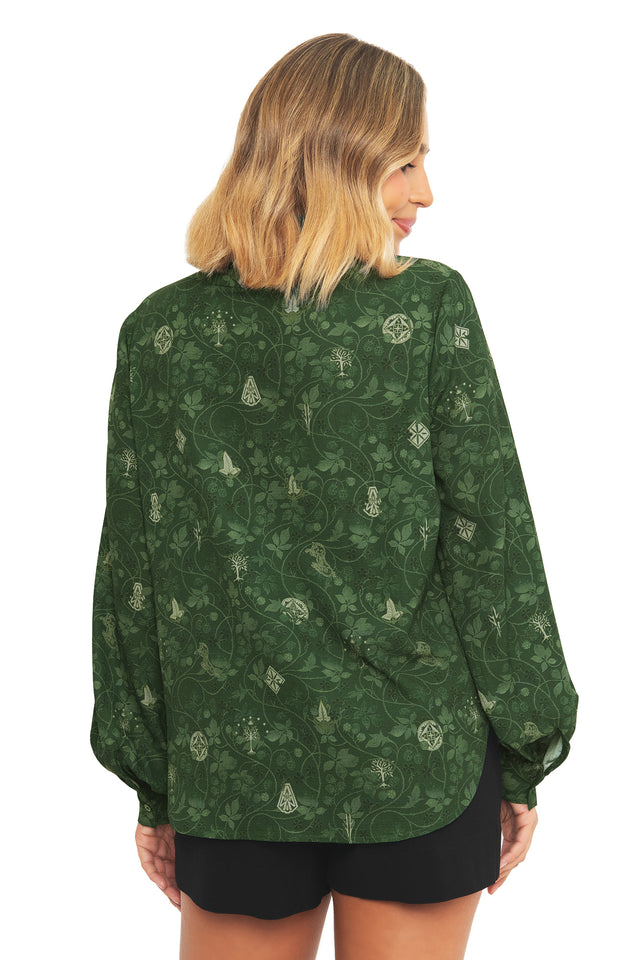 Side profile of the BlackMilk Lord of the Rings Bag End Wallpaper Long Sleeve Blouse, showing the buttoned front and long sleeves in deep green cotton.