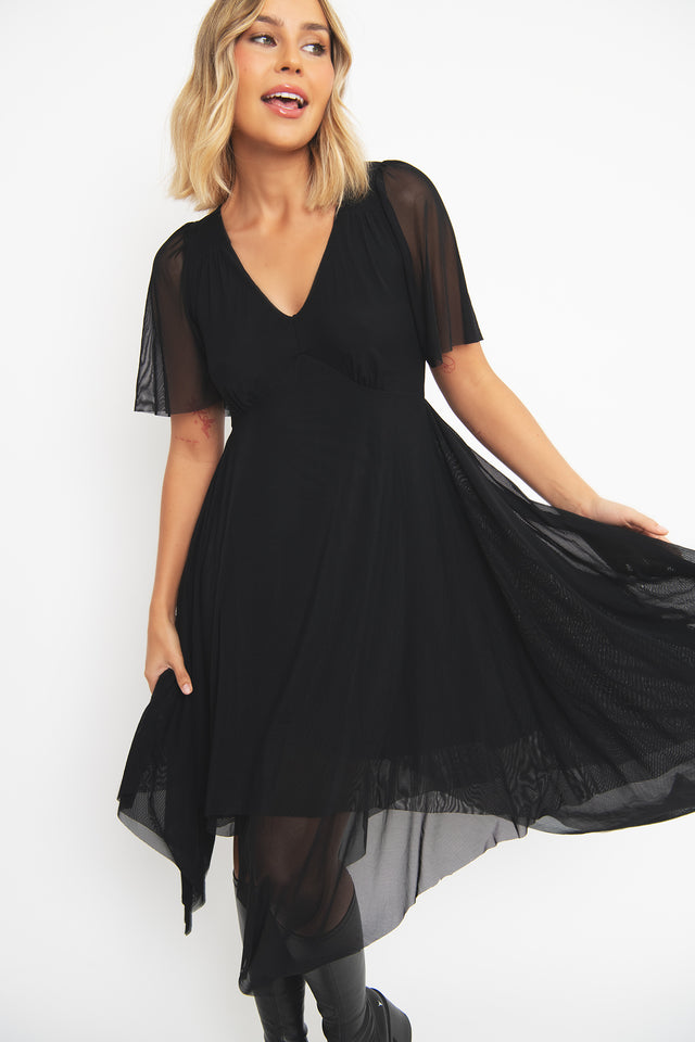 Close-up front view of the BlackMilk Lord of the Rings Black Handkerchief Short Sleeve Dress, showing the sheer mesh flutter sleeves and V-neckline on this gothic streetwear midi dress.