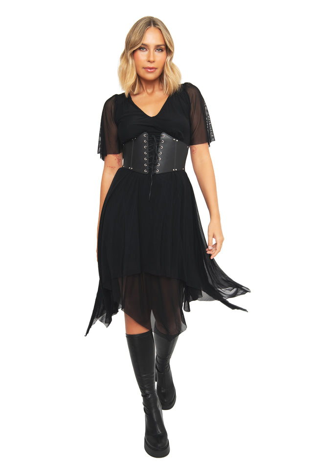 Black Handkerchief Short Sleeve Dress-BlackMilk