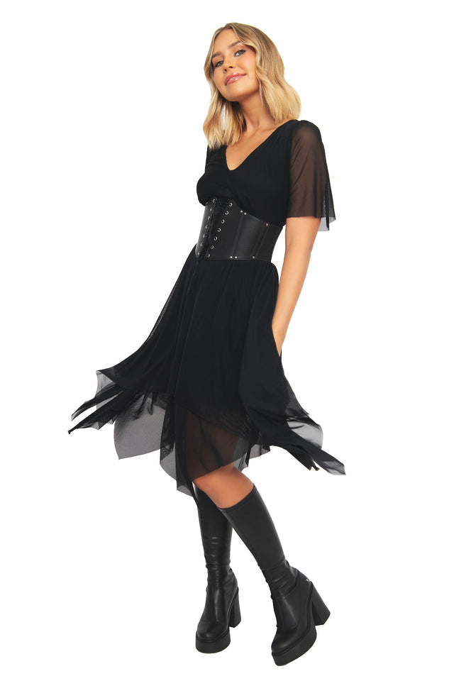 Side profile of the BlackMilk Lord of the Rings Black Handkerchief Short Sleeve Dress, highlighting the flowing sheer mesh handkerchief hem and fitted corset belt silhouette.
