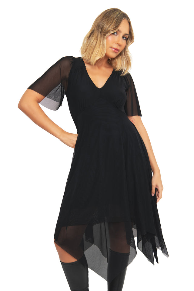 Detail shot of the sheer mesh sleeve and fabric texture on the BlackMilk Black Handkerchief Short Sleeve Dress, part of the dark academia-inspired Lord of the Rings collection.