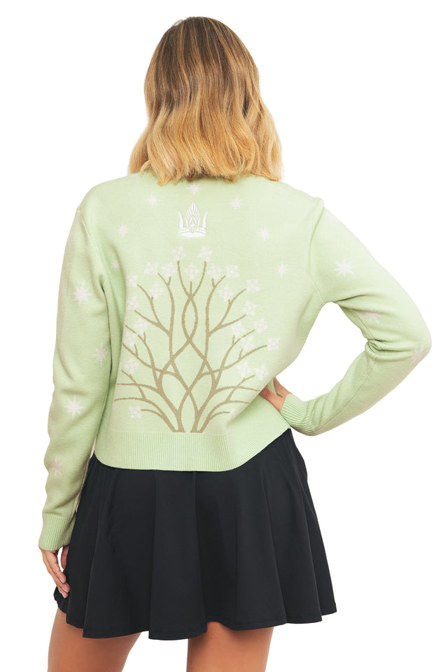 Back view of the BlackMilk Lord of the Rings Fit For A Queen Knit Cardigan, showing the relaxed cropped fit in soft sage green knit.