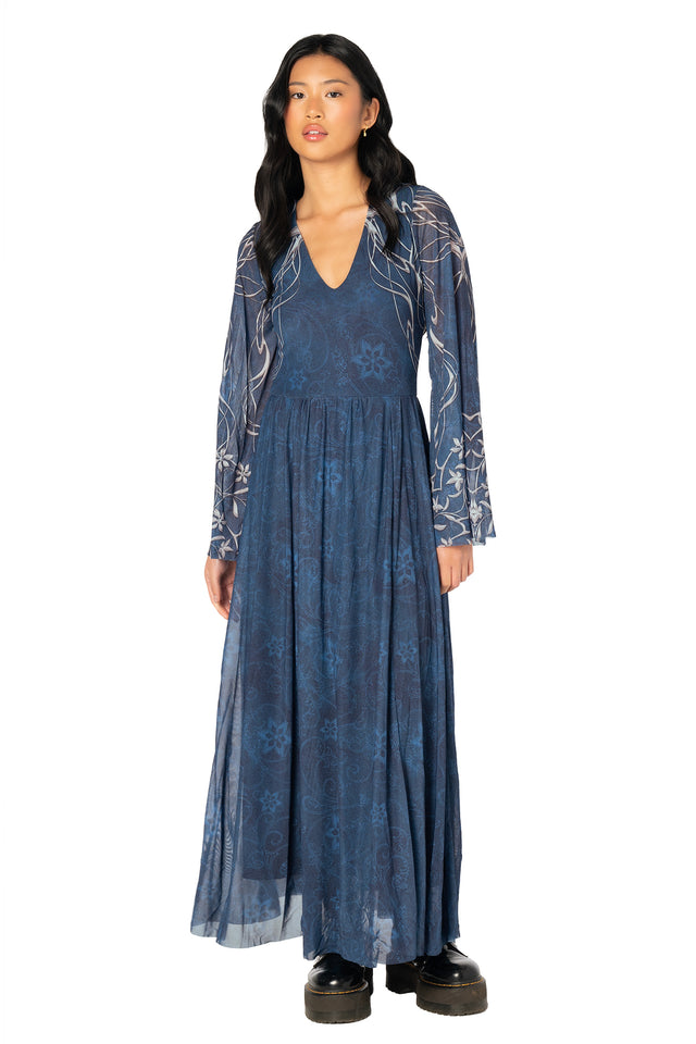 Front view of a model wearing the BlackMilk Galadriel Flare Sleeve Maxi Dress in dusty blue, inspired by the Lady of Lothlórien from the Lord of the Rings.