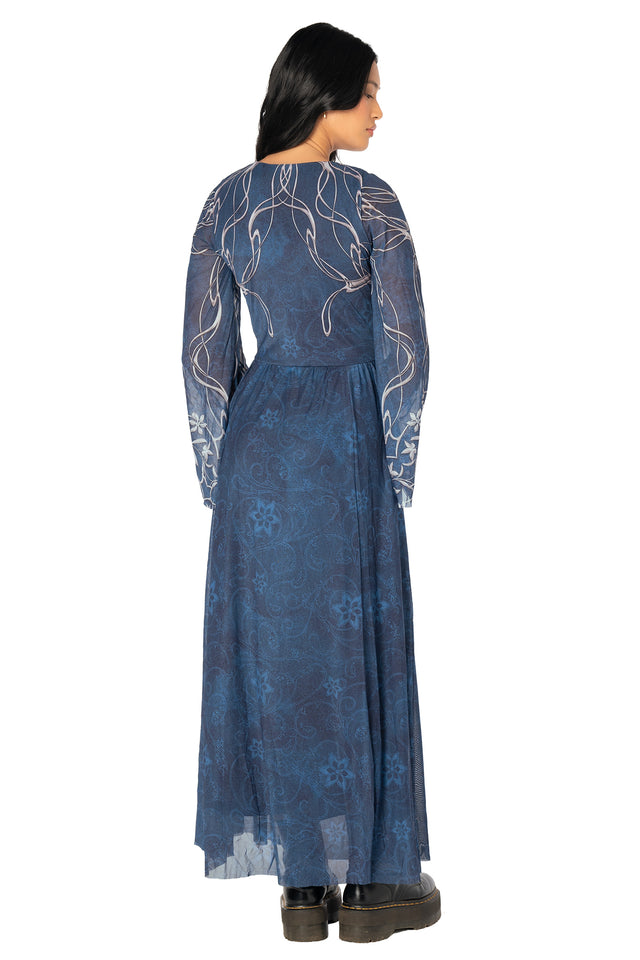Back view of the BlackMilk Lord of the Rings Galadriel Flare Sleeve Maxi Dress, showing the relaxed flowing fit in dusty blue.