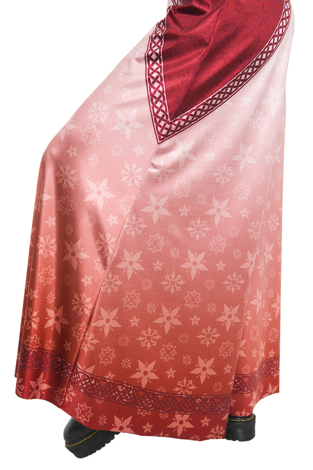 Detail shot of the rio sleeve and satin fabric on the BlackMilk I Am No Man Rio Jumpsuit, showing the ombré burgundy print inspired by Éowyn and the Lord of the Rings.
