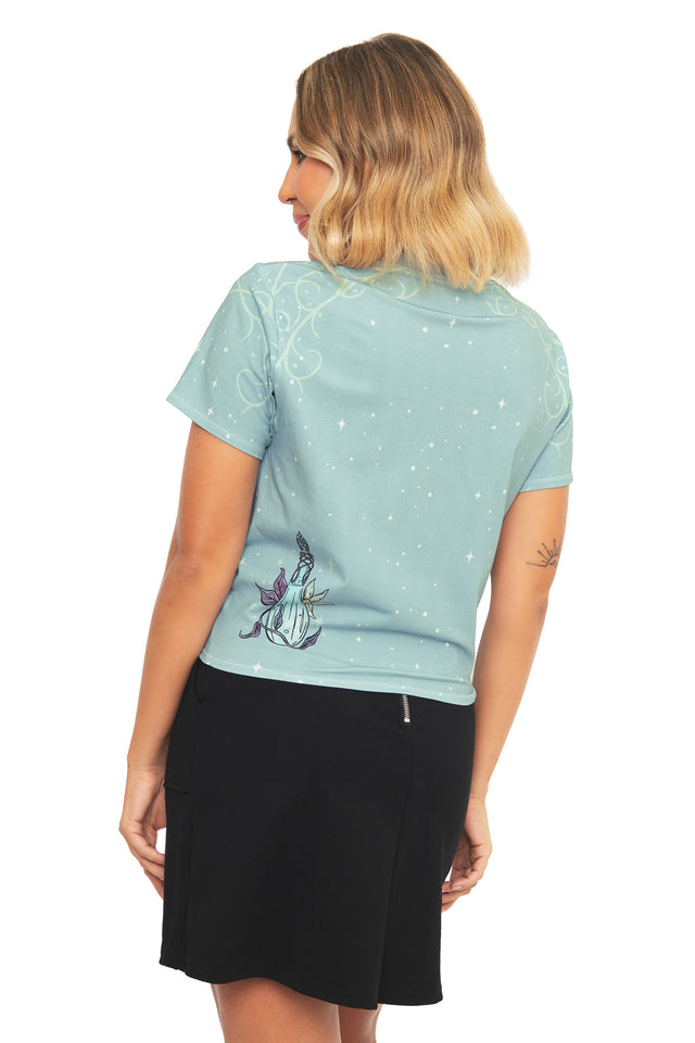 Back view of the BlackMilk Lord of the Rings Lady of Light Tie Front Tee, showing the relaxed fit and celestial swan print in soft blue cotton.