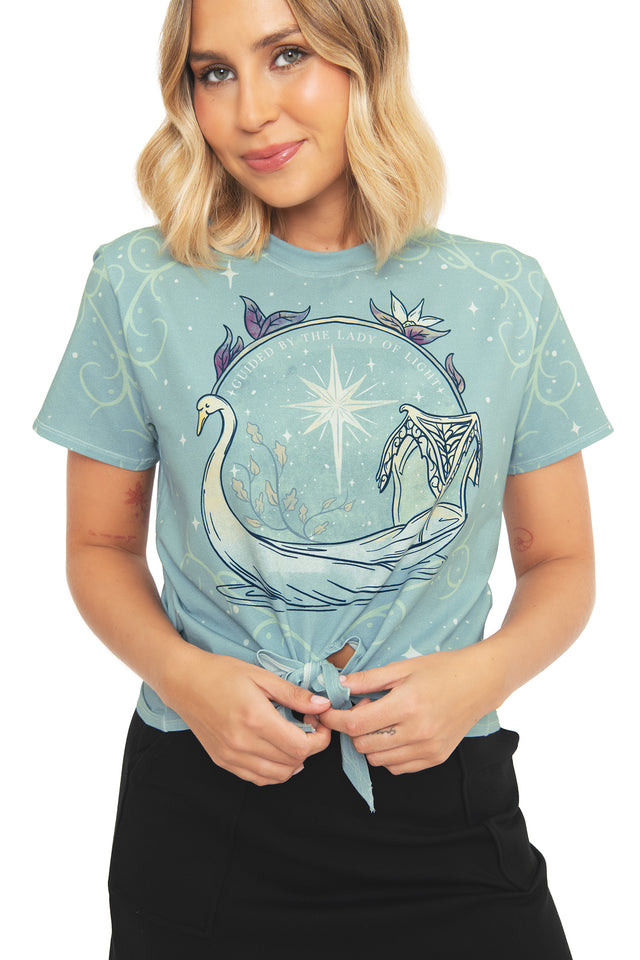 Full-length styled look of the BlackMilk Lady of Light Cotton Tie Front Tee paired with black bottoms and boots, a Galadriel-inspired outfit from the Lord of the Rings collection.