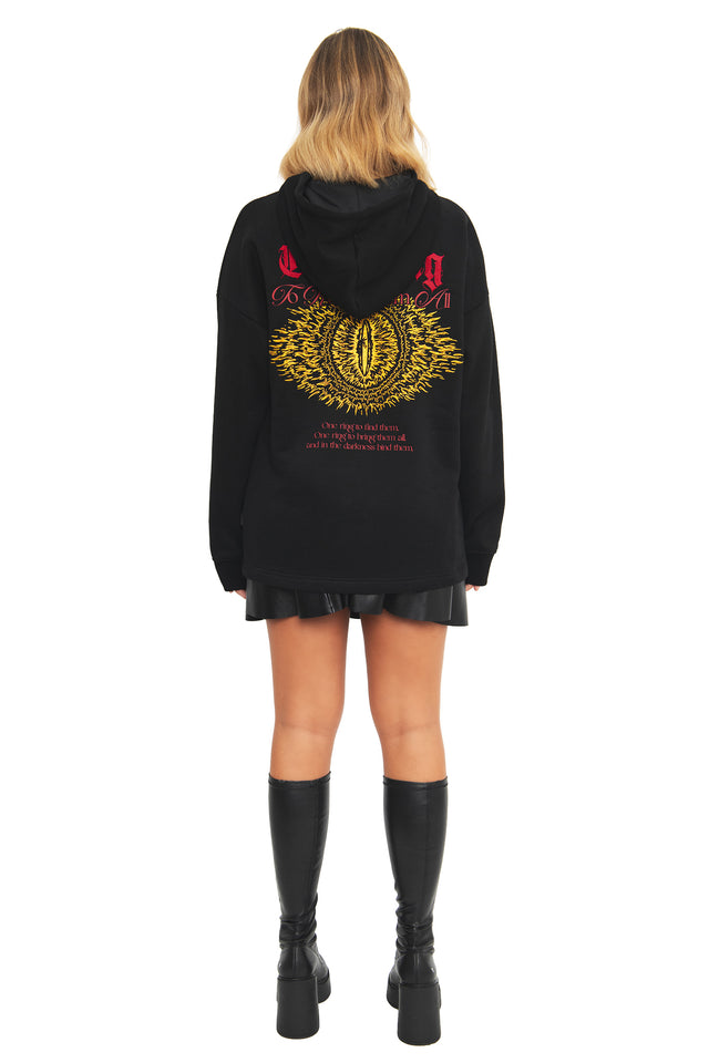 Back full-length view of the Sauron-inspired One Ring hoodie by BlackMilk, an oversized black Lord of the Rings streetwear pullover with a relaxed, grunge-style dropped hem.