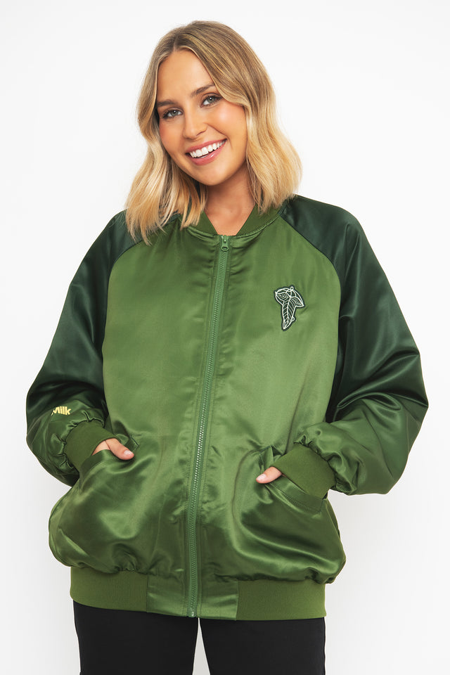 Front closeup of the BlackMilk Lord of the Rings Fellowship Souvenir Jacket, highlighting the ribbed collar and zip-front styling of this green varsity bomber jacket.