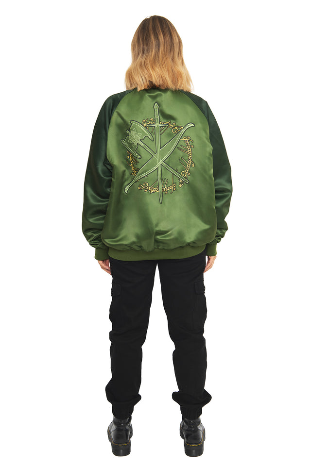 Back view of the BlackMilk Fellowship Souvenir Jacket, featuring a large Lord of the Rings Fellowship of the Ring graphic across the green bomber jacket, a standout piece of nerdcore streetwear.