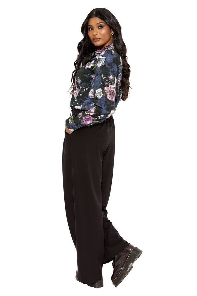 Gothic floral office shirt with hidden spider and insect details amongst romantic blooms in deep midnight tones. Featuring a collared button front and cuffed sleeves, this alternative goth shirt captures corporate witch and fantasy fashion energy.