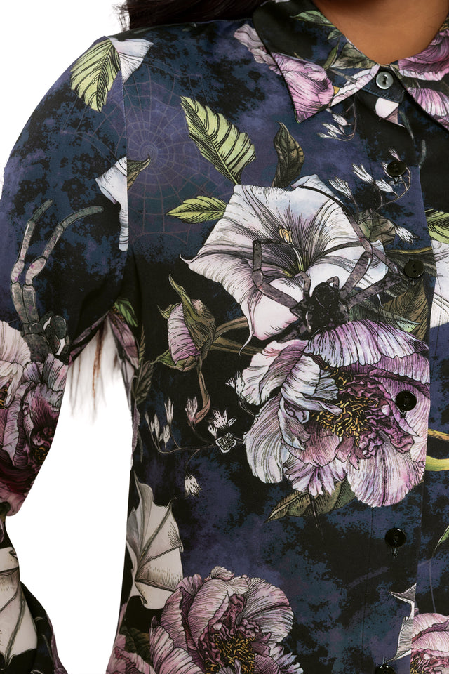 Alternative goth office shirt with dark romantic florals and hidden creepy crawlies scattered through a moody botanical print. This corporate witch button-up blends dark academia, whimsigoth and gothic fashion with lightweight tailored styling perfect for everyday officewear.
