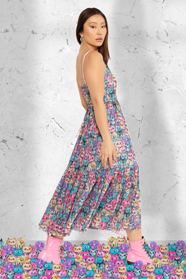 Blossoming Kitties Sheer Midaxi Dress