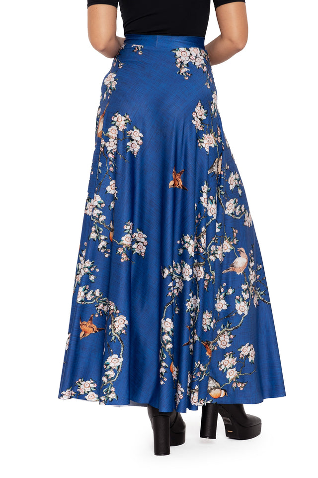 bullfinch and weeping cherry blossoms maxi skirt back 