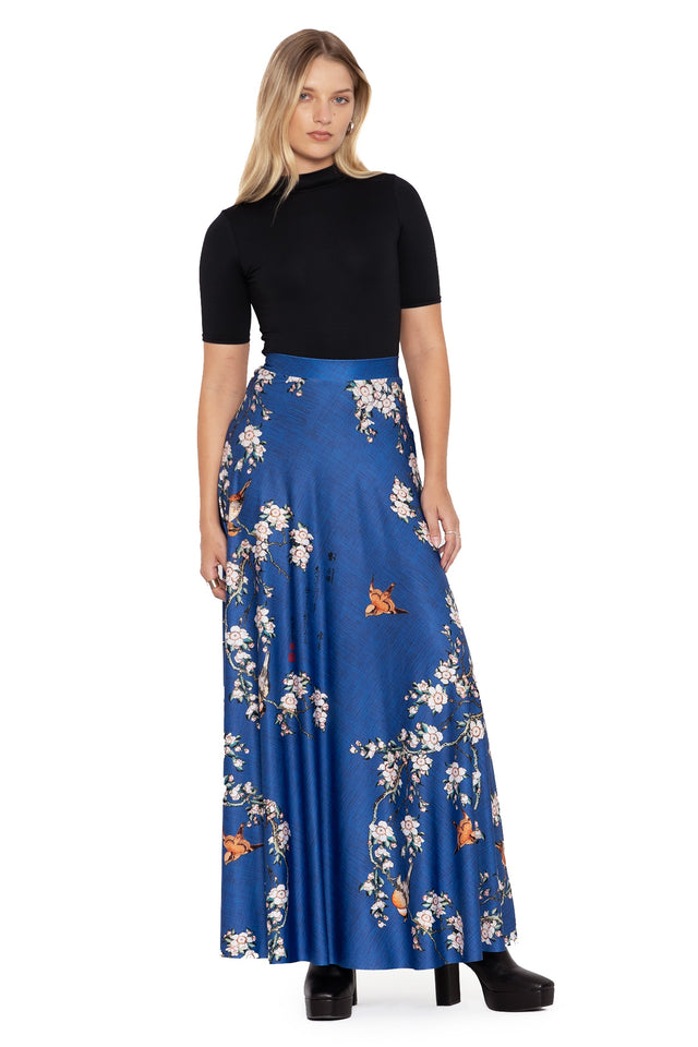 bullfinch and weeping cherry blossoms maxi skirt front  