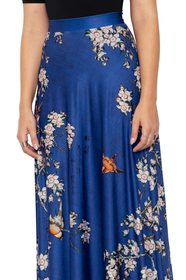 bullfinch and weeping cherry blossoms maxi skirt print  