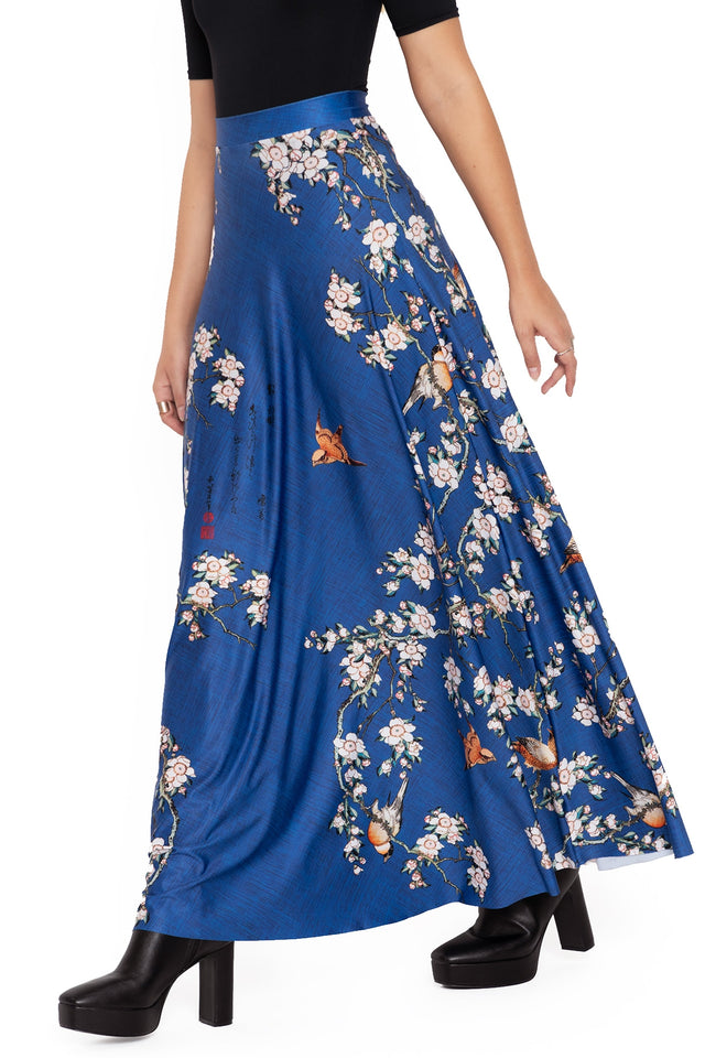 bullfinch and weeping cherry blossoms maxi skirt side 