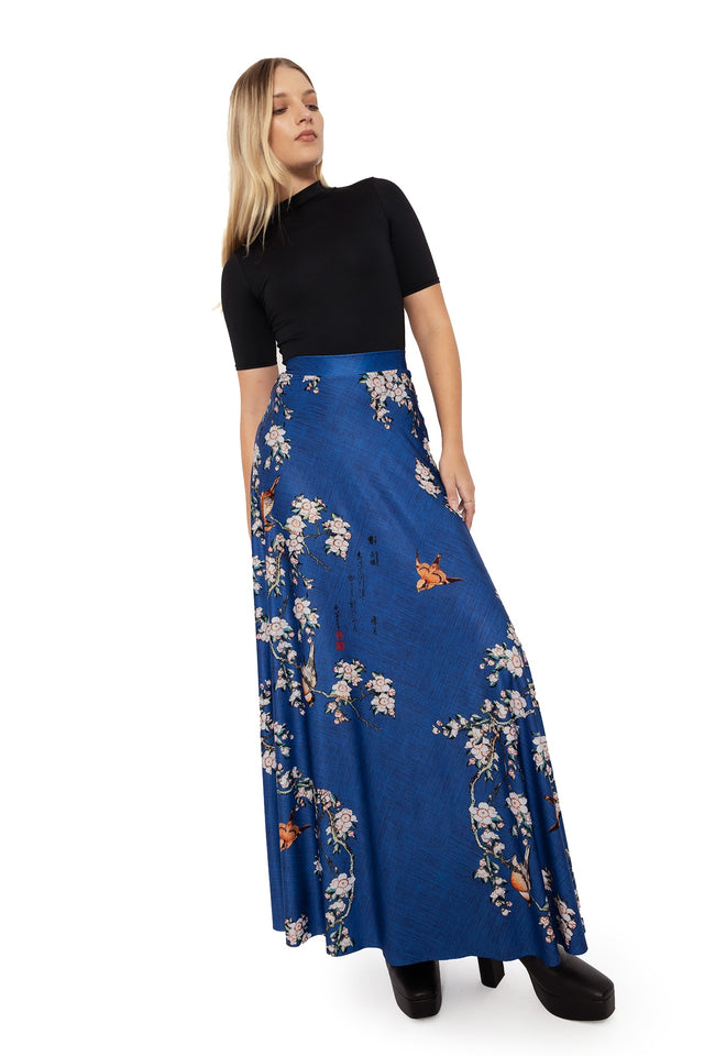 bullfinch and weeping cherry blossoms maxi skirt wide 