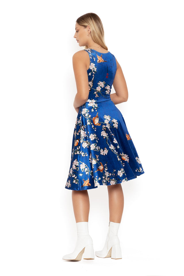 bullfinch and weeping cherry blossoms velvet midi dress back 