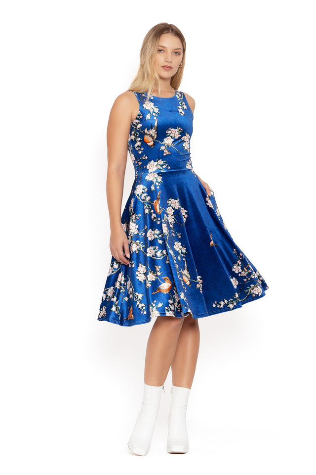 bullfinch and weeping cherry blossoms velvet midi dress front 