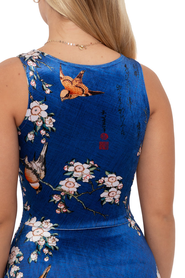 bullfinch and weeping cherry blossoms velvet midi dress print 