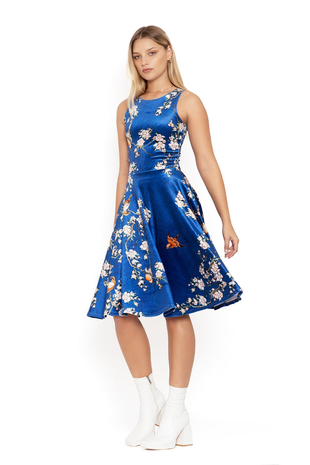 bullfinch and weeping cherry blossoms velvet midi dress side 