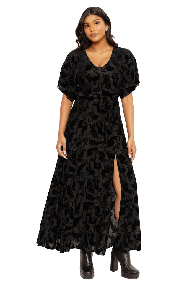 Burned Velvet Cats Kimono Maxi Dress featuring a flowing kimono silhouette, soft burned velvet fabric and black cat artwork, perfect for gothic fashion, witchy wardrobes, special occasions and everyday statement styling.