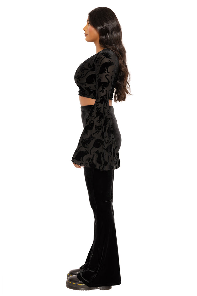 Black burned velvet top with cat print and comfortable fit, designed for effortless layering with skirts, jeans and trousers for gothic fashion, casual outfits and alternative everyday wear.