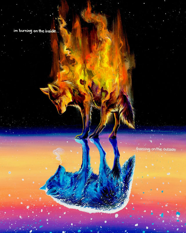 Colorful abstract art of a wolf with flames, set against a starry night sky.