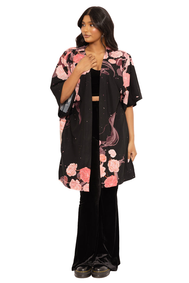 Alternative wolf print robe featuring celestial moon artwork, ideal for relaxing at home, travel, getting ready and stylish everyday comfort.