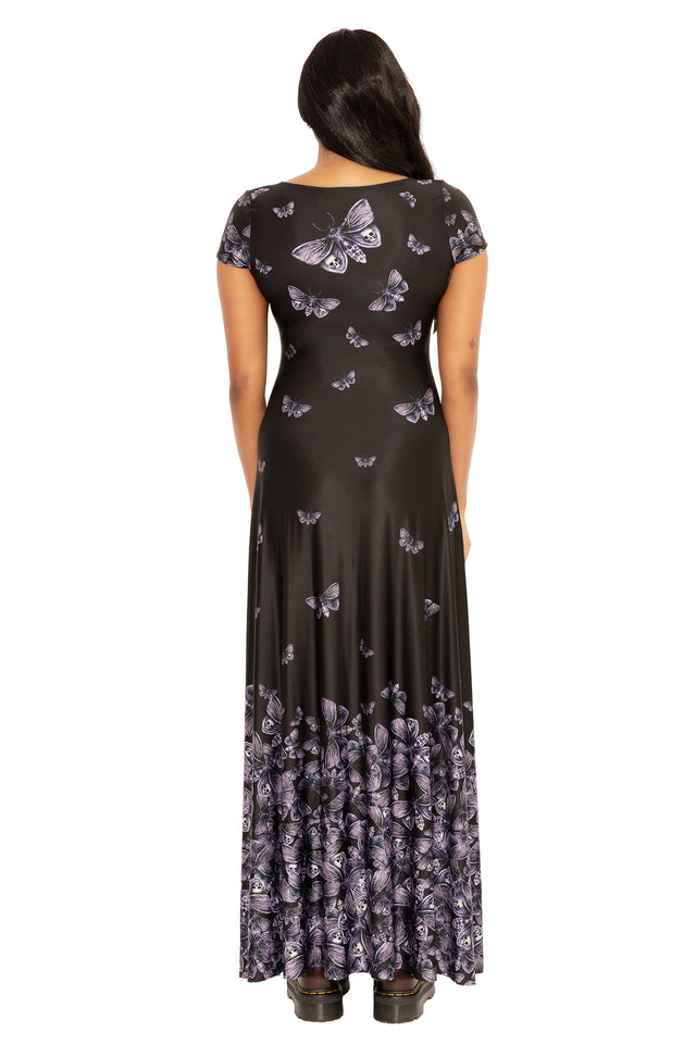 Alternative maxi dress featuring Death's Head Hawk Moth artwork, perfect for dark romantic styling, special occasions and statement everyday outfits.