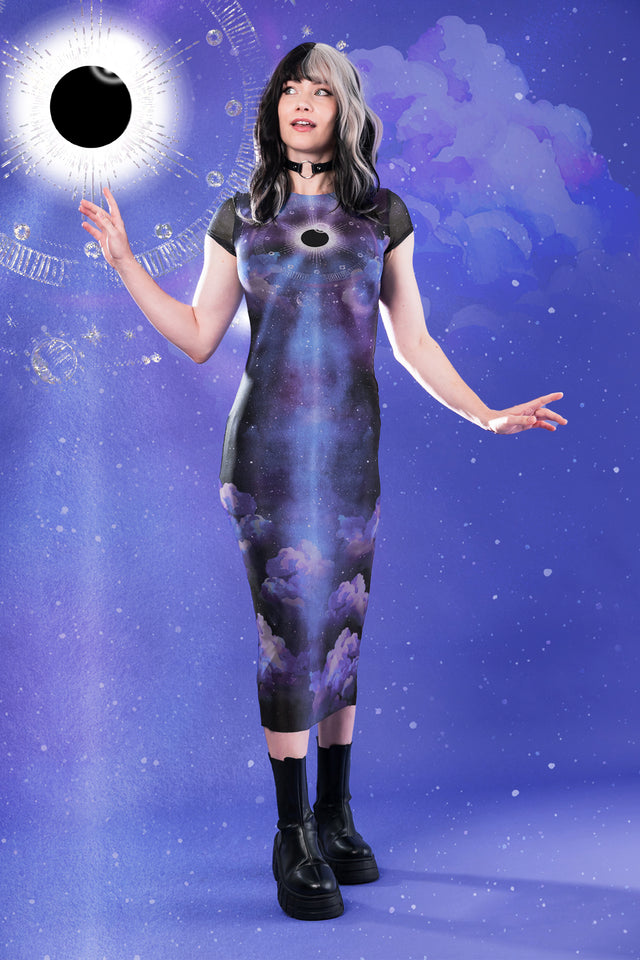 galaxy mesh dress Blue Galaxy Print Mesh Maxi Dress