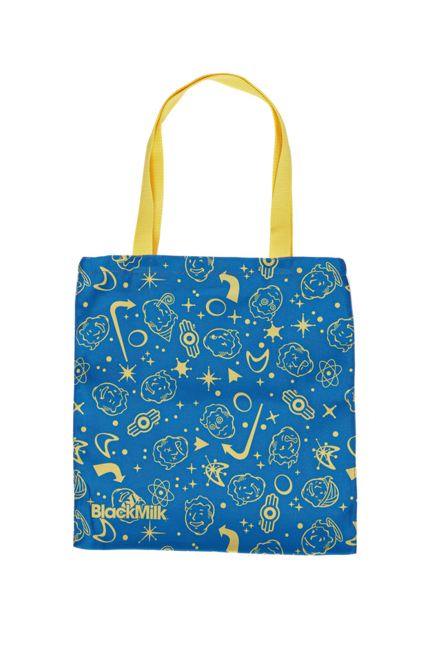 Fallout x BlackMilk blue and yellow tote bag featuring Vault Boy and atomic icon print with yellow handles.