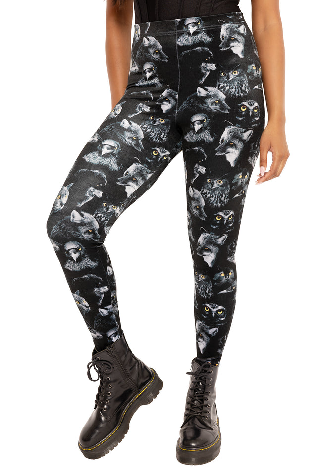 Familiars print velvet leggings with supportive high-rise waistband, designed for casual styling, cosy weekends, festivals and statement alternative outfits.