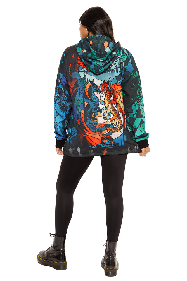 Comfortable dragon print hoodie for casual and alternative fashion, featuring a cosy fit ideal for travel, lounging and off-duty styling.
