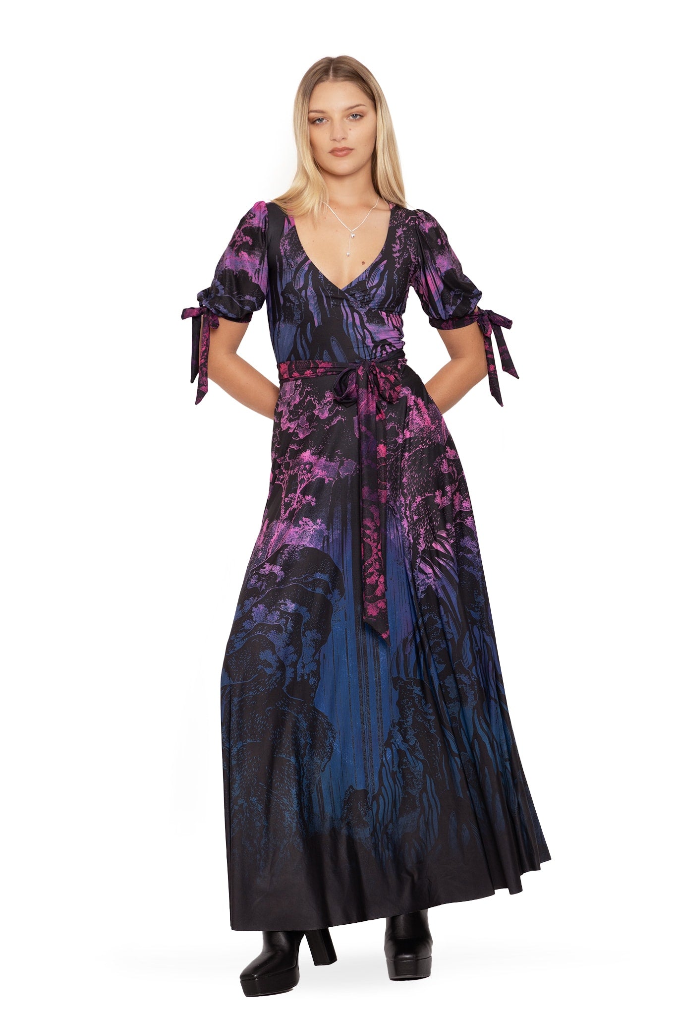knee length dresses for ladies Hokusai's Waterfalls Wrap Maxi Dress