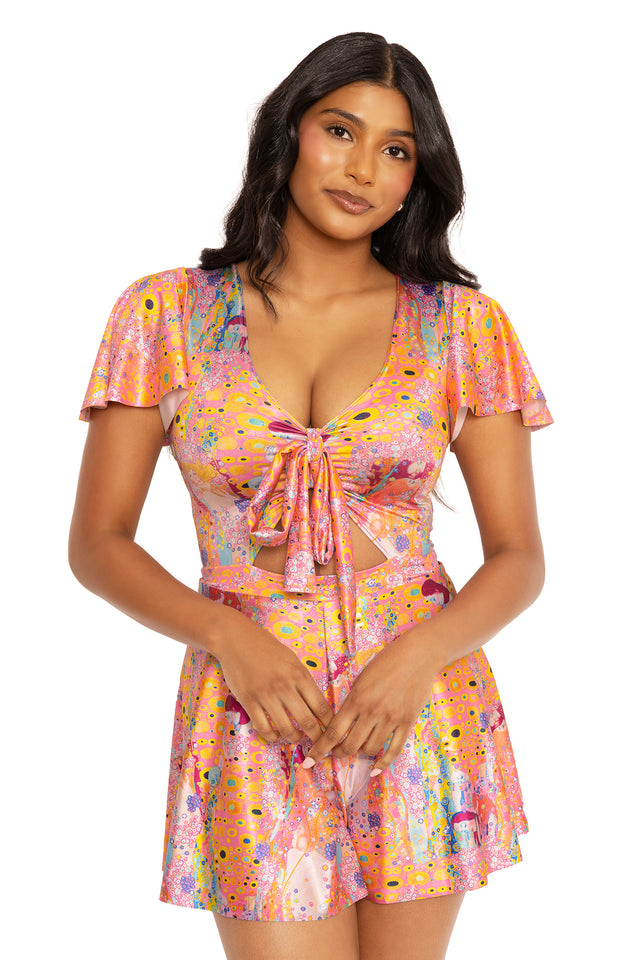 Women's playsuit featuring Gustav Klimt Water Serpent print, combining comfort and statement style for festivals, travel, brunch dates and everyday outfits.