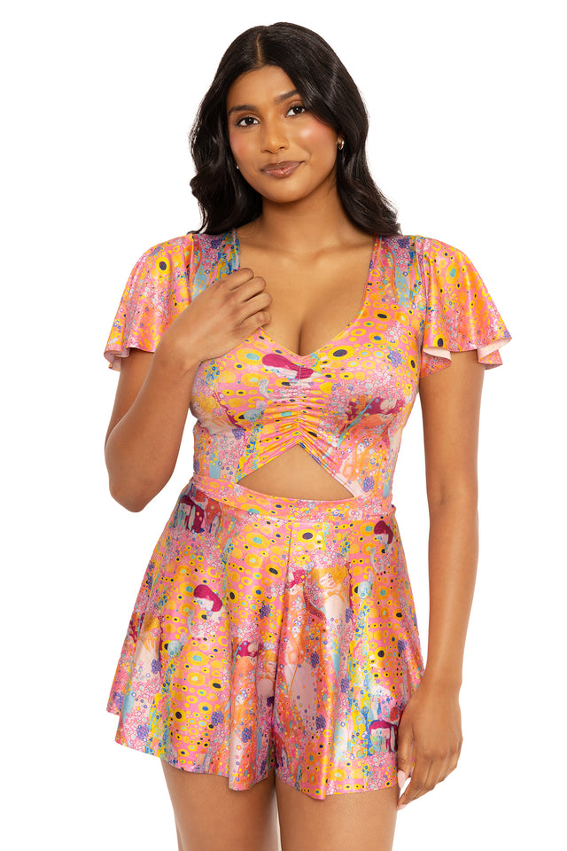 Stretch playsuit with artistic Water Serpent design, perfect for creative fashion lovers seeking a versatile outfit for holidays, weekends and casual occasions.