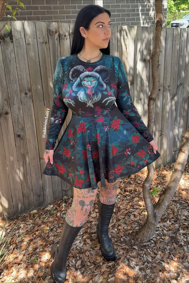 Blackmilk | Krampus Toastie Long Sleeve Skater Dress | Green | L Blackmilk | Krampus Toastie Long Sleeve Skater Dress | Green | L