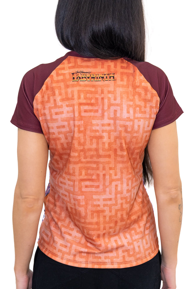 BlackMilk Labyrinth Ringer Tee - officially licensed Jim Henson's Labyrinth (1986) merch featuring the Labyrinth logo and maze pattern on the back, raglan tee with maroon sleeves - back view of model.