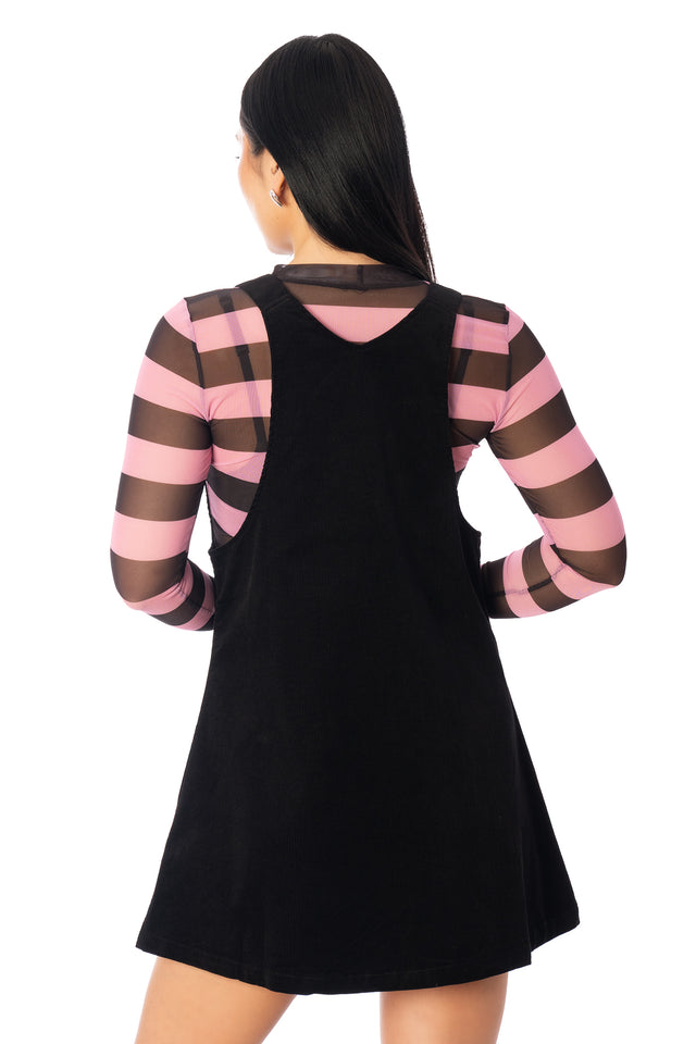 Additional product photograph 5 of the League of Legends K/DA x BlackMilk black corduroy pinafore mini dress with shoulder straps and a straight-cut silhouette.